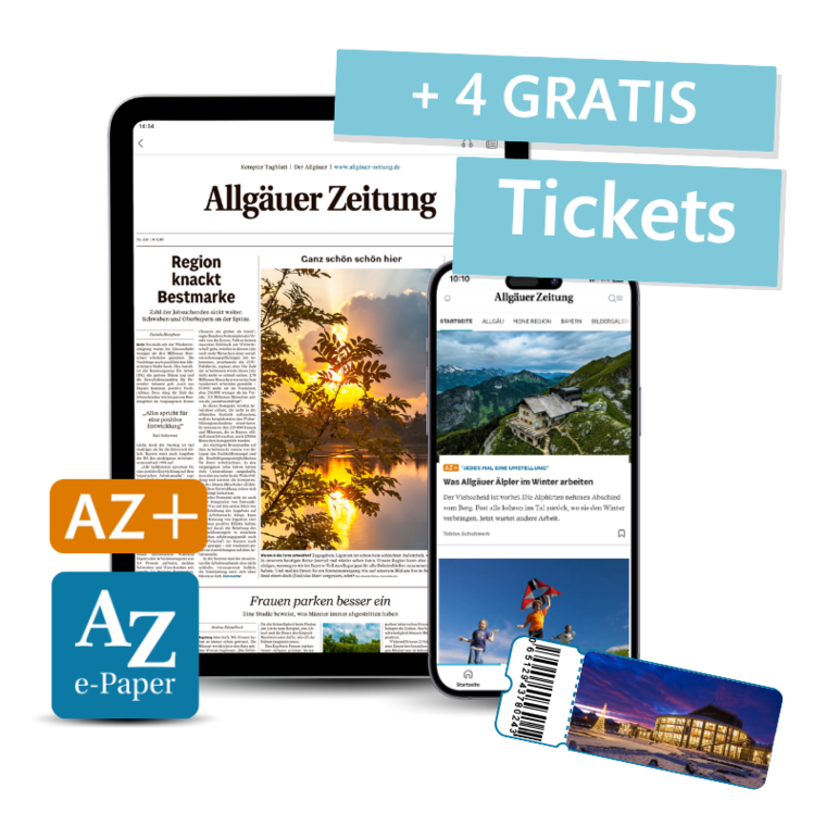 Tablet und Smartphone zeigen die digitale Ausgabe der Allgäuer Zeitung mit einem Blauer Störer ‚+ 4 GRATIS Tickets'.