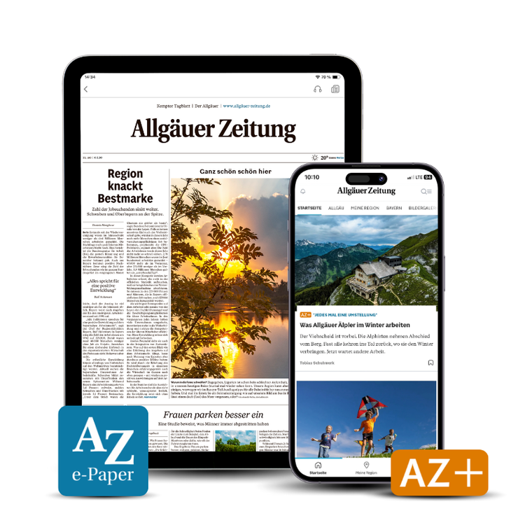 Tablet und Smartphone zeigen die digitale Ausgabe der Allgäuer Zeitung und das Nachrichtenportal mit Artikeln und Bildern.
