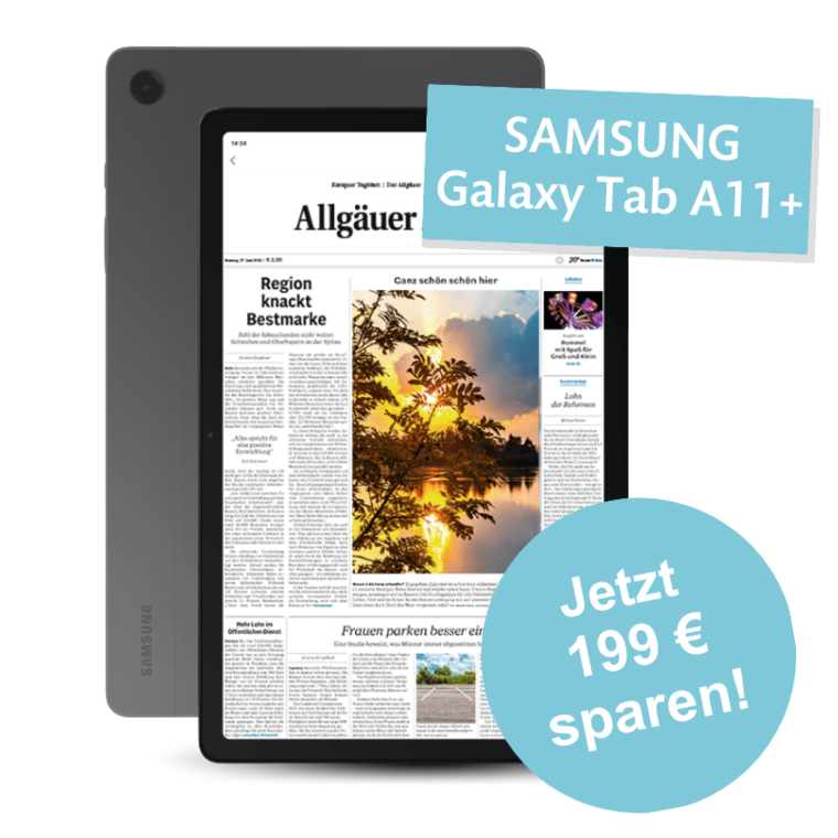 Zwei dunkelgraue Tablets mit Allgäuer Zeitungsseite, Text und einem Farbfoto. Blaue Buttons mit Aufschrift 'Jetzt 199 € sparen!'