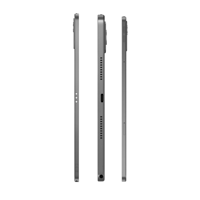 Drei Seitenansichten eines schlanken grauen Tablets mit Lautsprechern, USB-C-Anschluss und Kopfhörerbuchse.